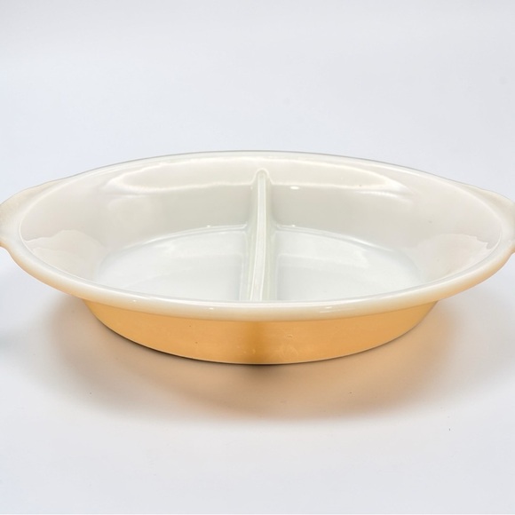 Vintage Fire King Peach Luster Reverse Logo Divided Casserole Serving Dish #468 - Picture 7 of 9